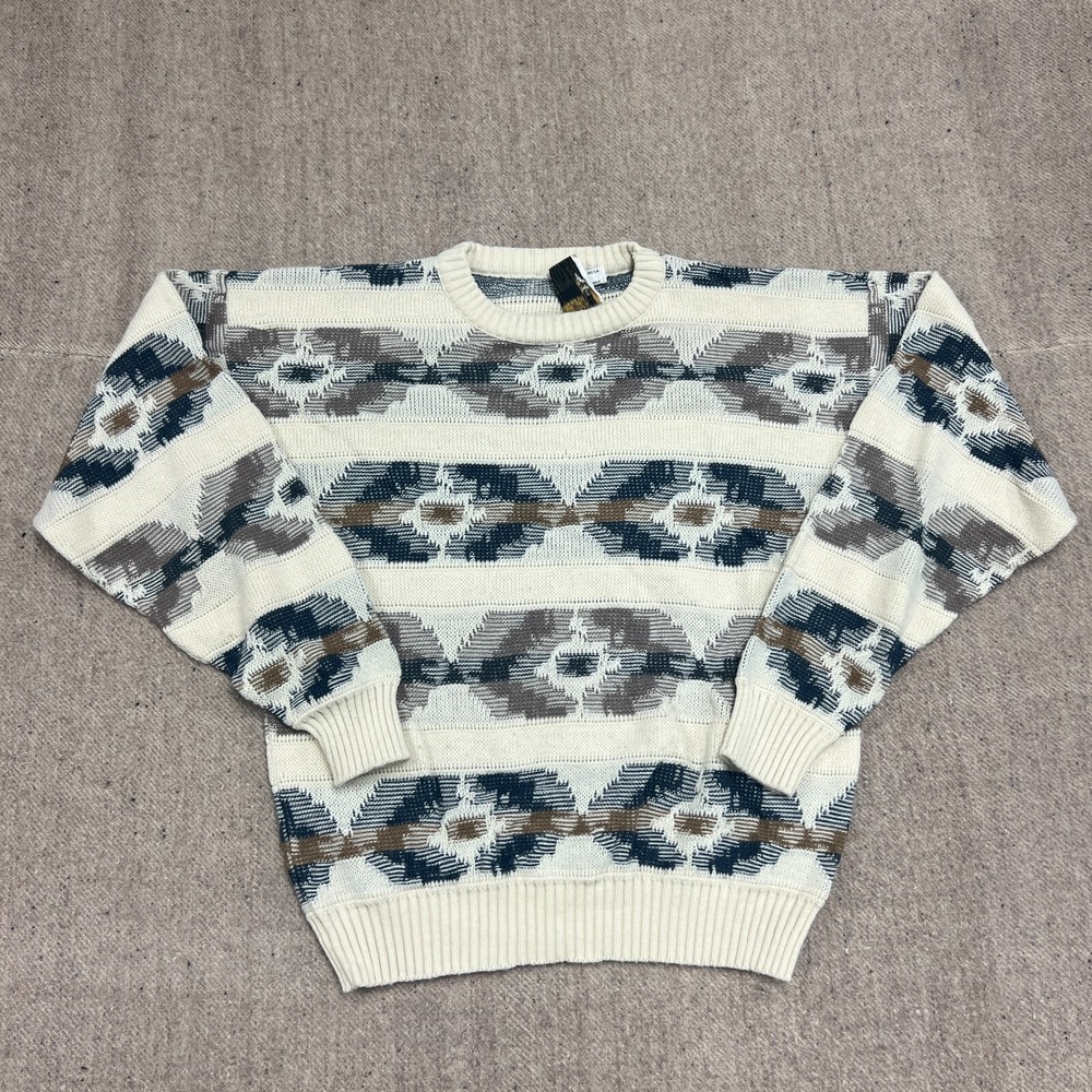 Vintage London Fog Sweater Mens Large White 1990s Stripes Argyle